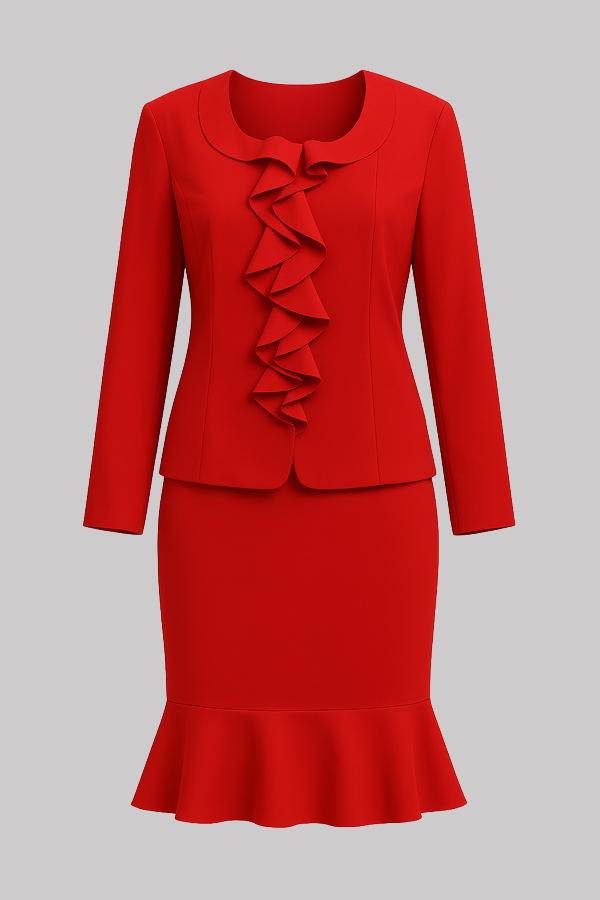 Red Ruffle Detail Skirt Suit (Plus Size)