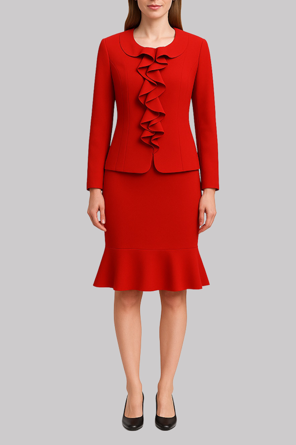Red Ruffle Detail Skirt Suit