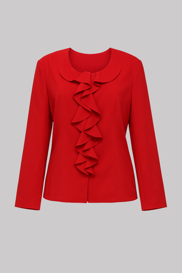 Red Ruffle Detail Skirt Suit