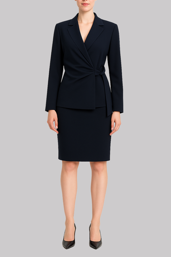 Navy Wrap Blazer Skirt Suit