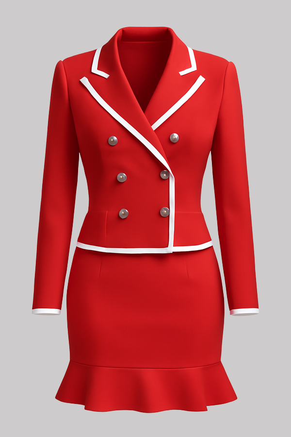Red Double-Breasted Skirt Suit