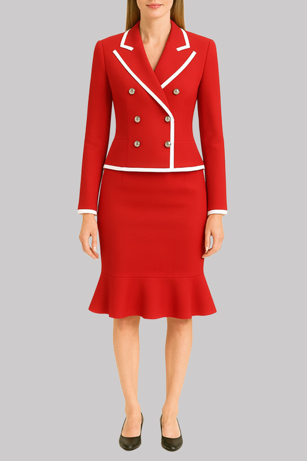 Red Double-Breasted Skirt Suit