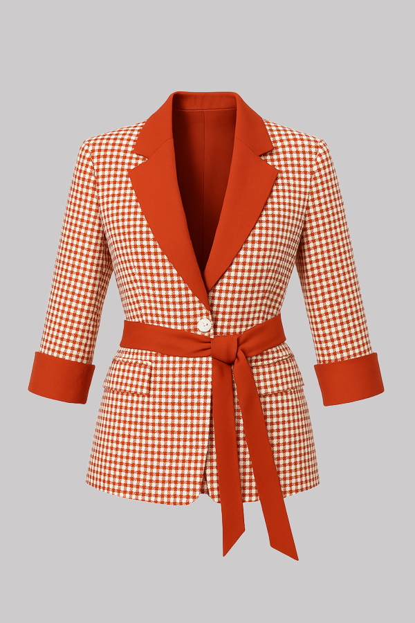 Orange Houndstooth Belted Pantsuit