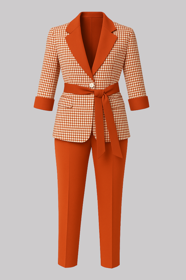 Orange Houndstooth Belted Pantsuit