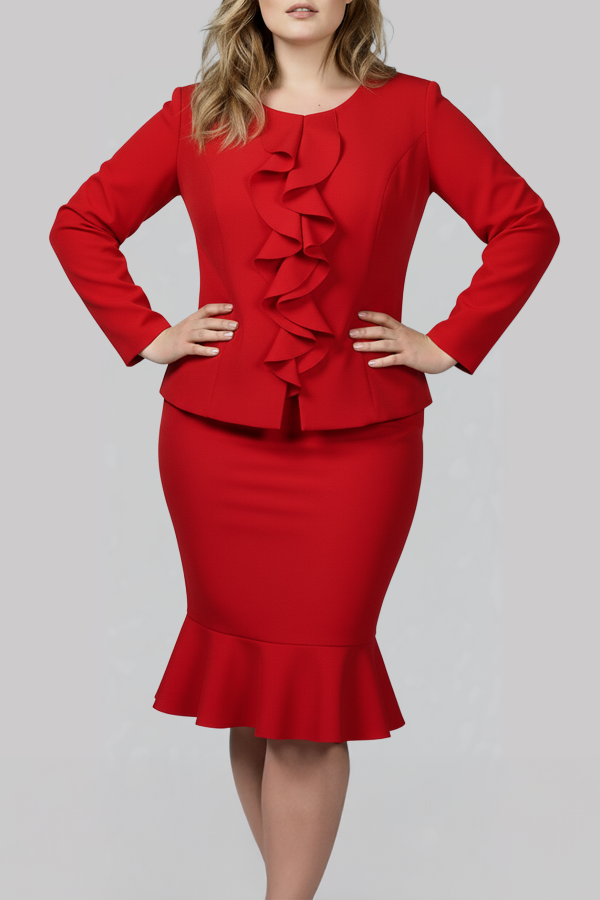 Red Ruffle Detail Skirt Suit (Plus Size)