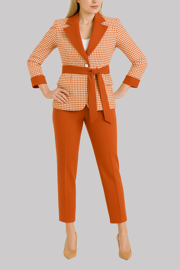 Orange Houndstooth Belted Pantsuit
