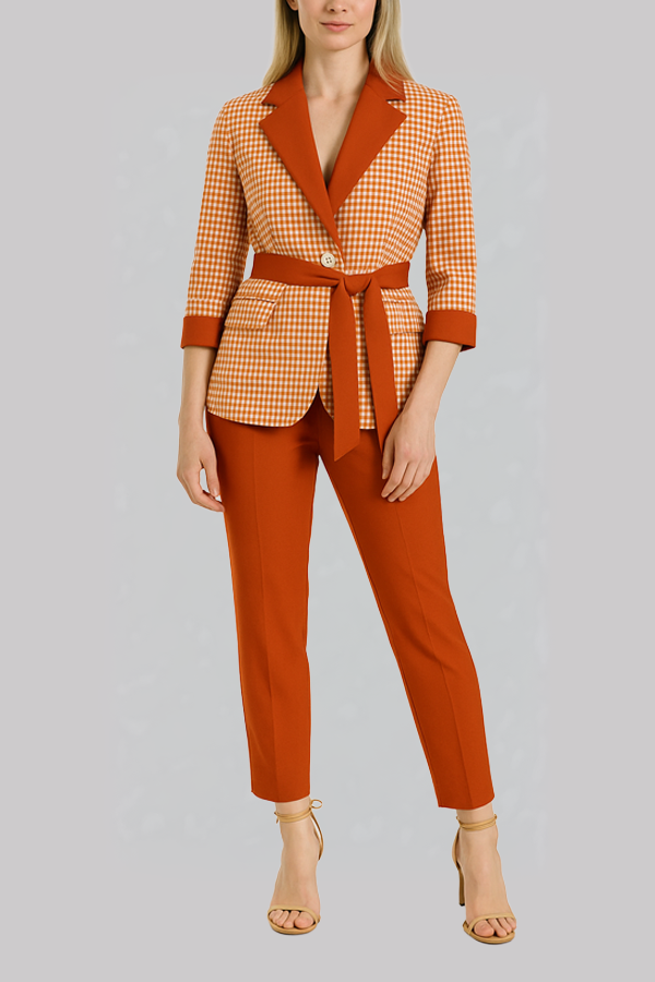 Orange Houndstooth Belted Pantsuit