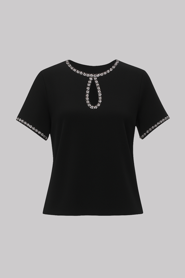 Embroidered Keyhole Black Blouse