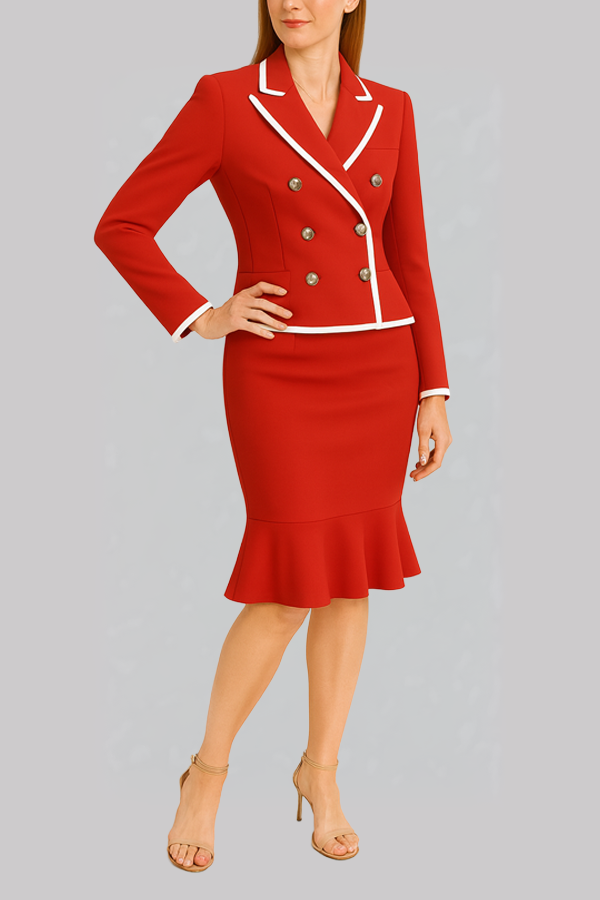 Red Double-Breasted Skirt Suit