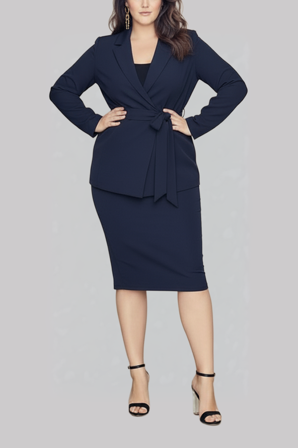 Navy Wrap Blazer Skirt Suit  (Plus Size)