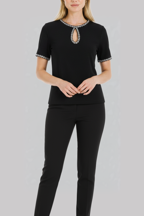 Embroidered Keyhole Black Blouse
